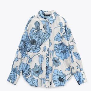 Zara Ecru / Blue Floral Print Shirt Size L